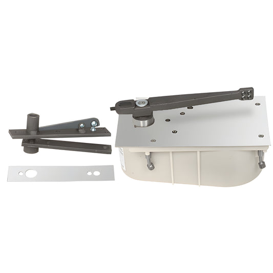 Floor-mounted Rixson door closer with polished chrome cover and center-hung arm components, right-hand, 350 lb capacity.
