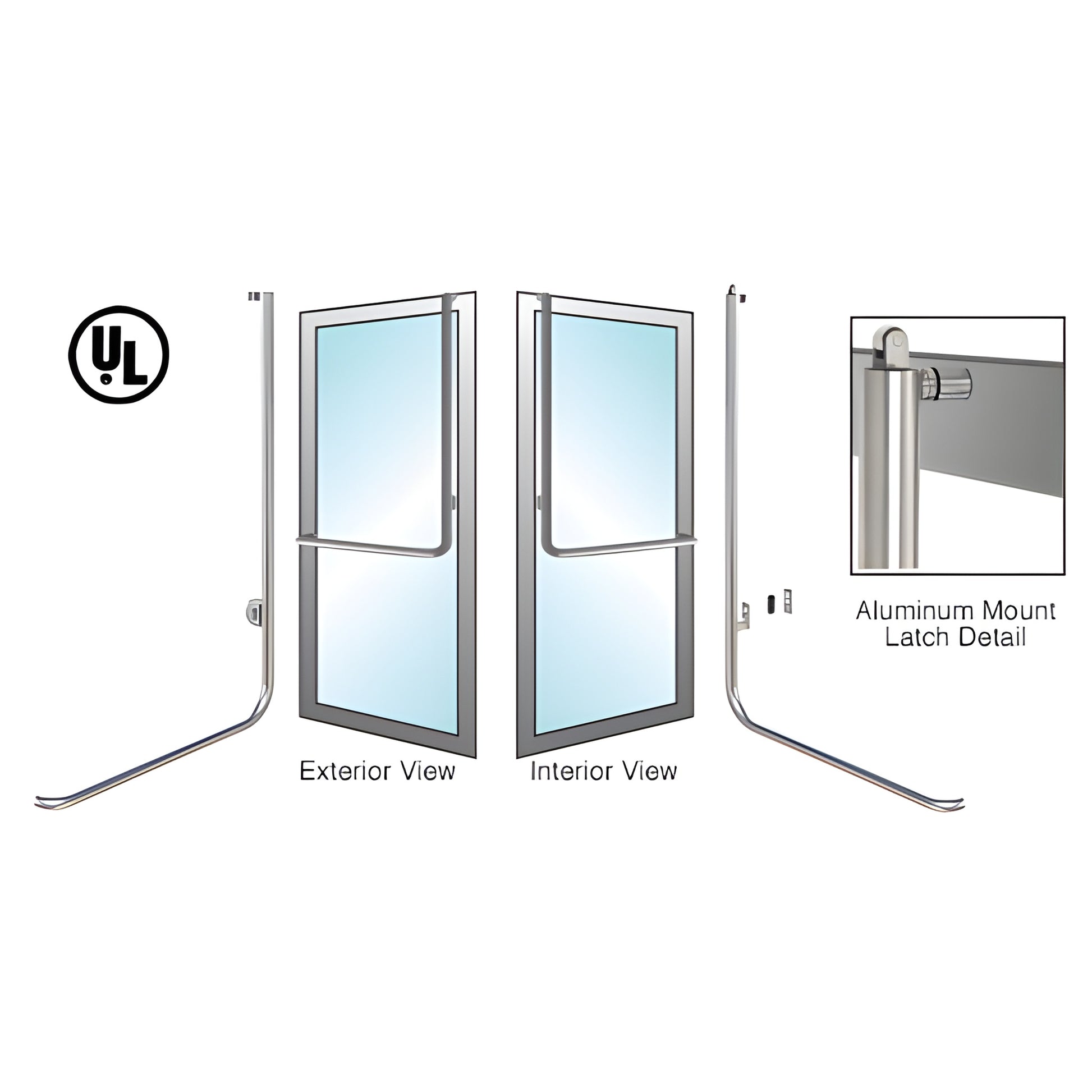 Brushed stainless aluminum panic handle for 1/2"-3/4" glass doors with exterior key cylinder, SKU BP100D4AKBS