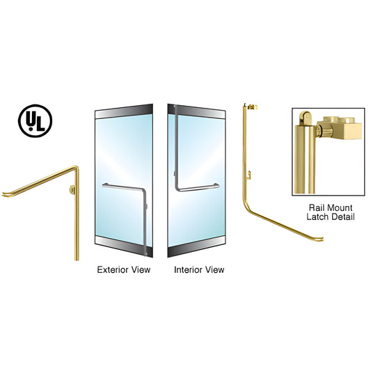 Satin brass PA100 rail-mount panic handle for 1/2" glass doors, 1-1/4" tubular vertical, left-hand reverse. SKU PA100C4RKSB
