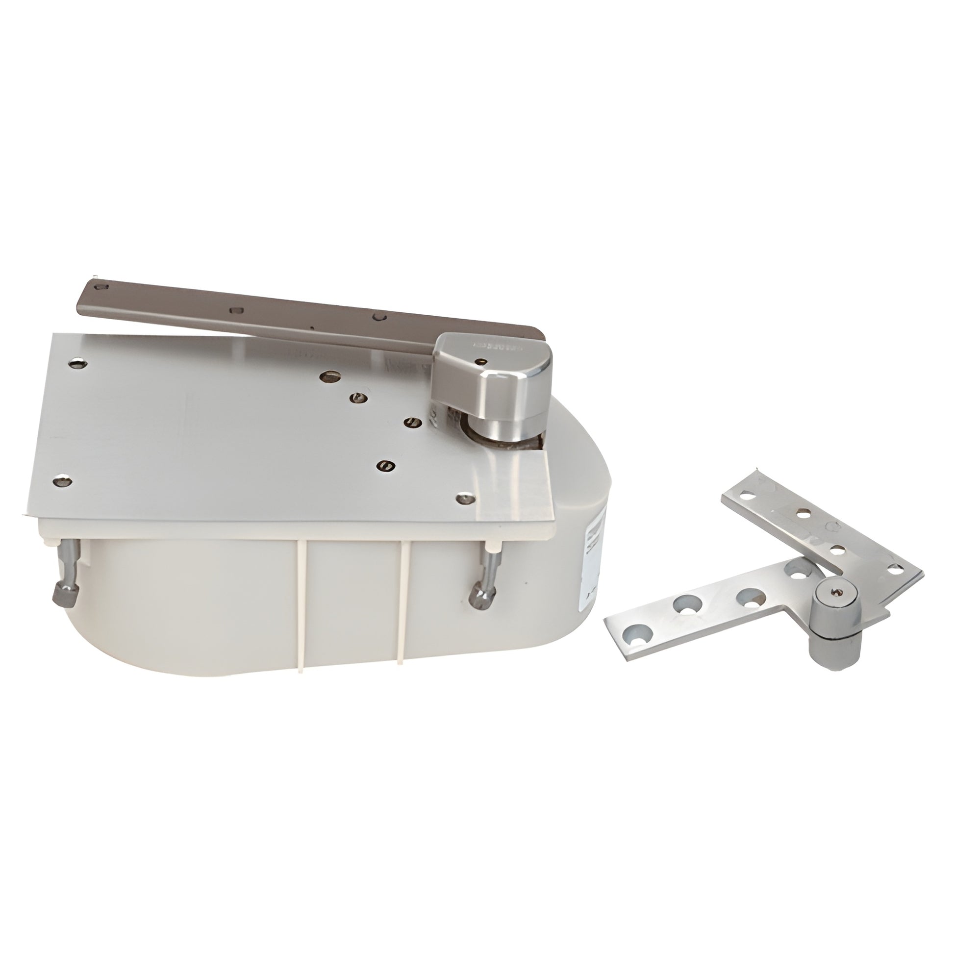 Satin chrome Rixson floor-mounted door closer with offset arm and selective hold-open, left-hand, for heavy doors.
