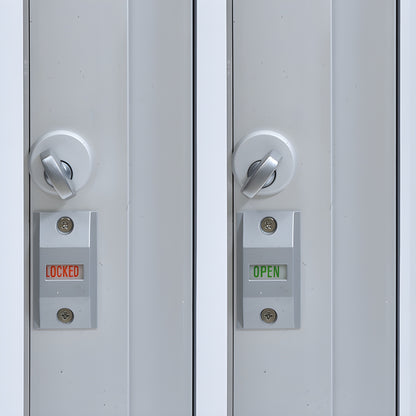 Satin anodized aluminum self-closing XO service window, 471 2" 433 4", sliding panels, thumb-turn lock, full bottom track.