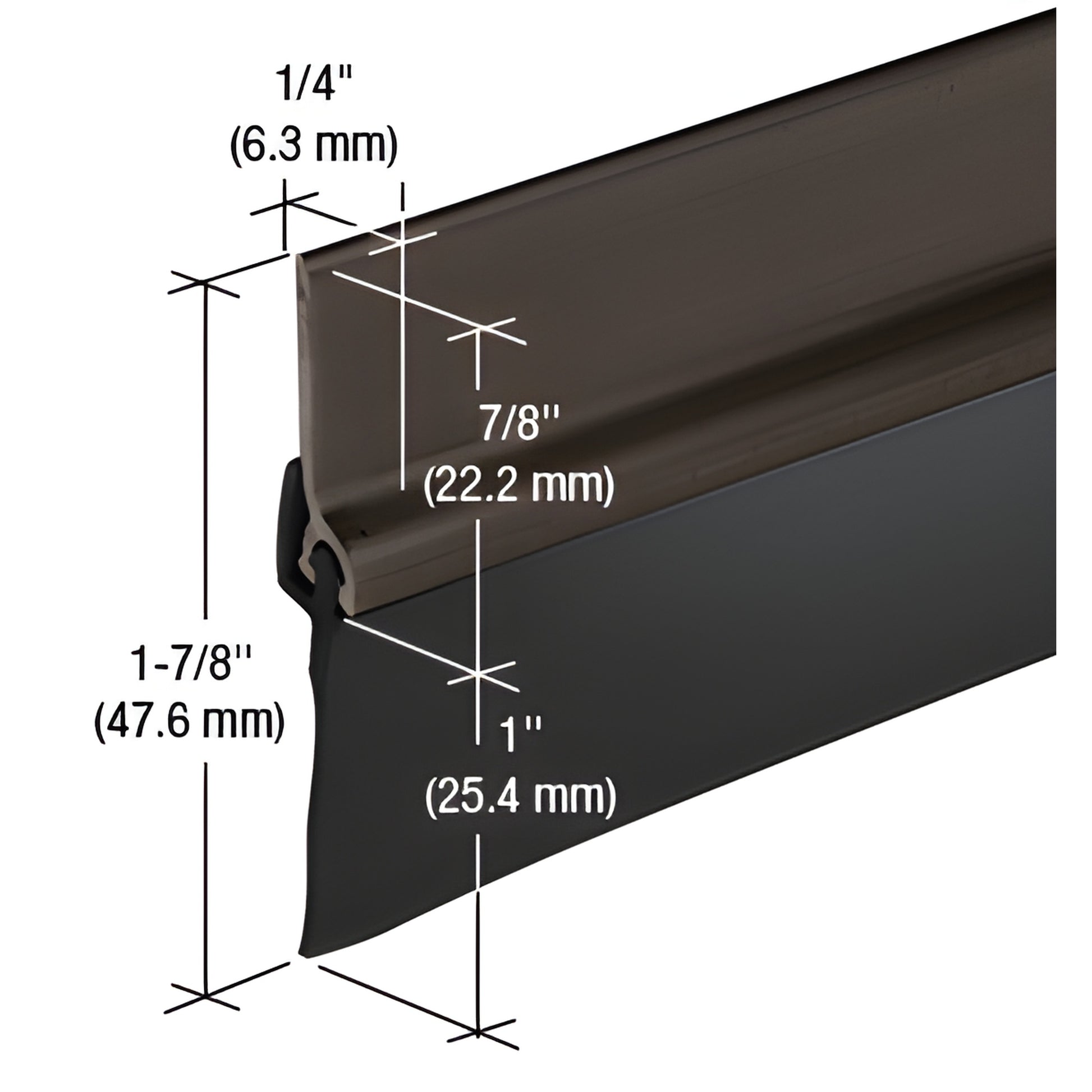 DB005DV48 dark bronze aluminum door sweep with 1" vinyl blade, fits 48" doors - profile view with dimensions.