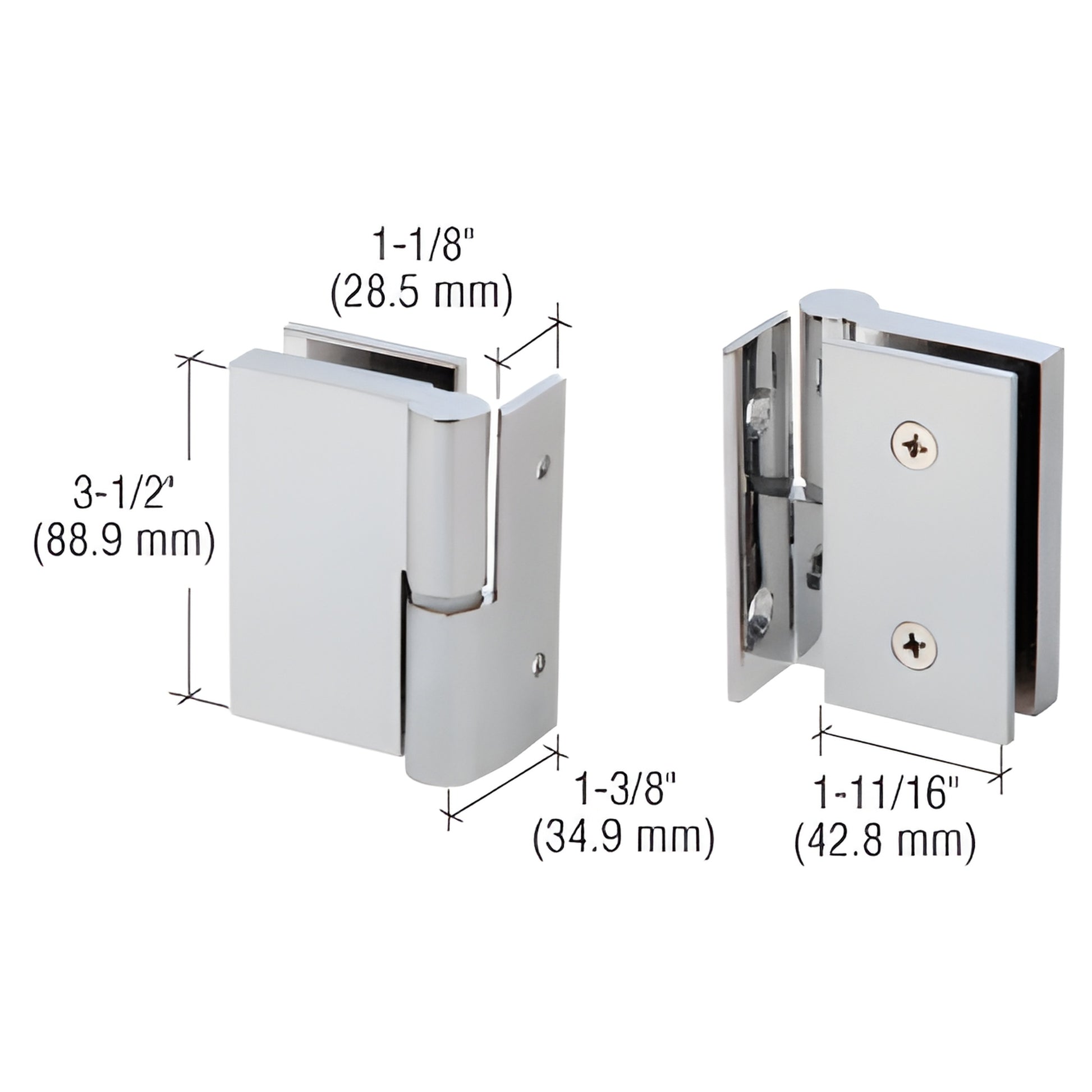GH037LBS left-handed 316 stainless brushed wall-to-glass self-closing hinge for 3/8-1/2 tempered glass, dimensions shown