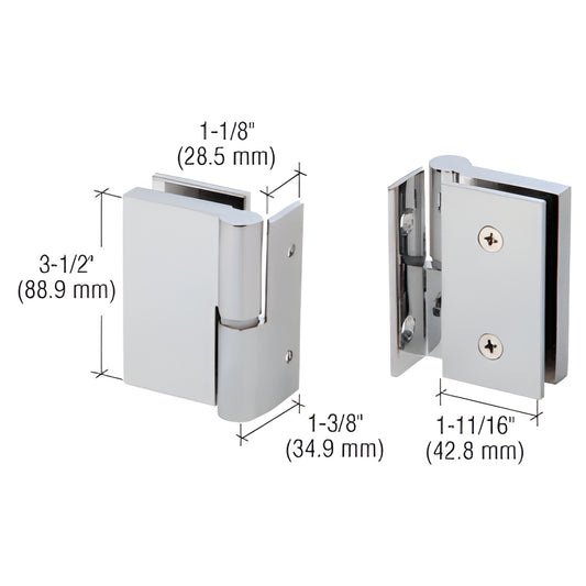 GH037LBS left-handed 316 stainless brushed wall-to-glass self-closing hinge for 3/8-1/2 tempered glass, dimensions shown