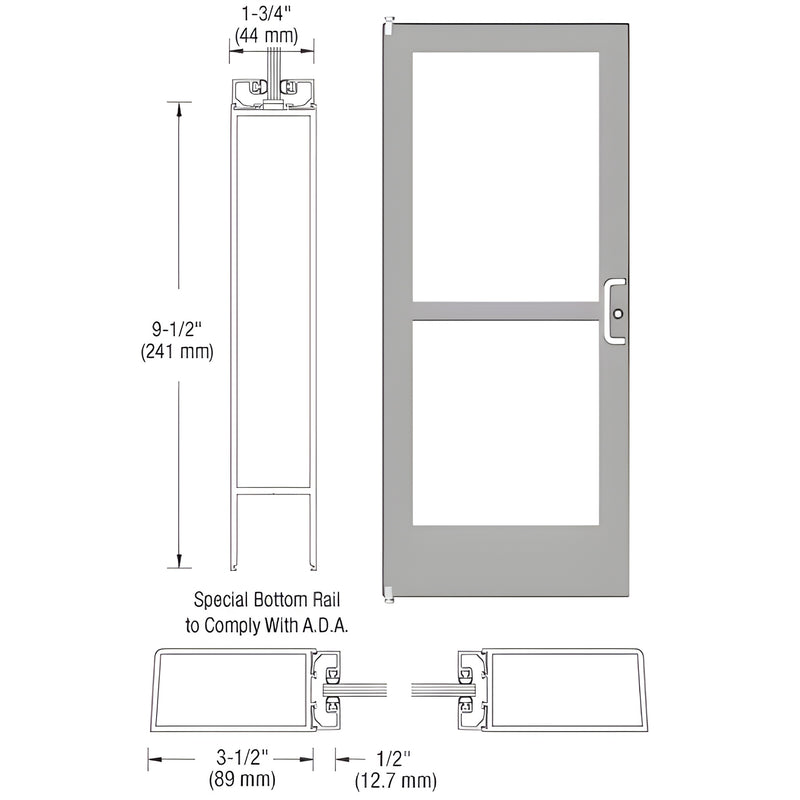 CR41252 white Kynar medium stile commercial entrance door, ADA 9-1/2" bottom rail, glass-ready, offset pivot prep