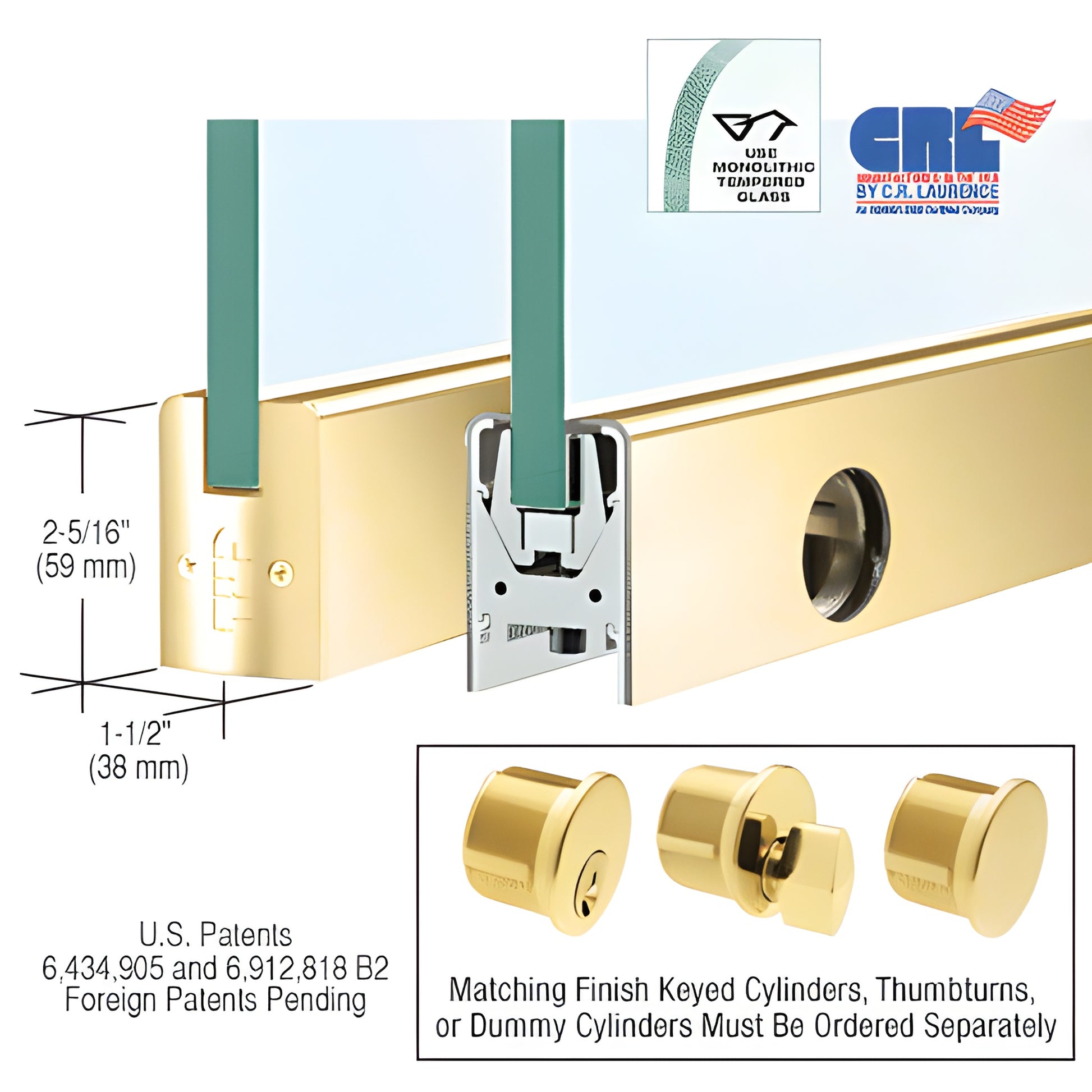 Polished brass low-profile door rail (2-5/16" x 1-1/2") for 1/2" tempered glass, Wedge-Lock system, includes lock.