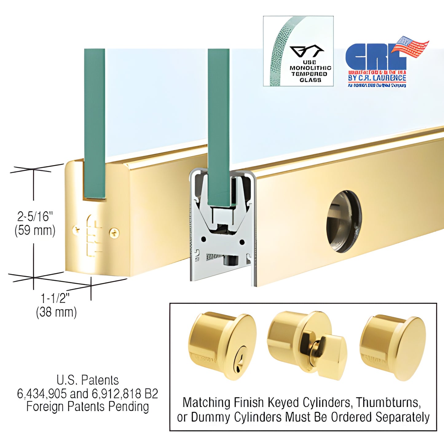 Polished brass low-profile door rail with Wedge-Lock for 3/8" glass, 2-5/16" x 1-1/2", includes lock.