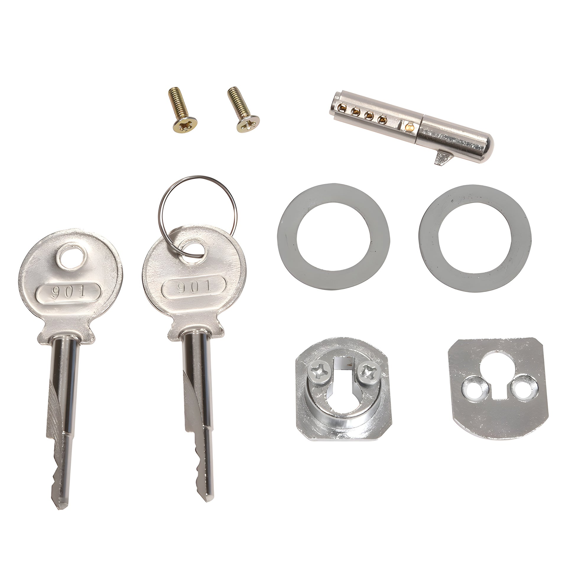 Polished chrome keyed lock cylinder with two keys on a ring - CRL KD kit lock DK802CH.
