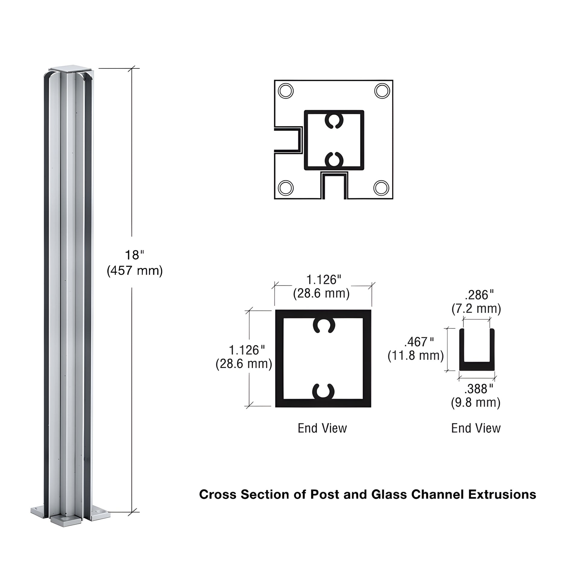 Satin anodized aluminum 90 corner partition post, 18 in., square tube with U-channel for 1/4" glass - SKU D990A18CR