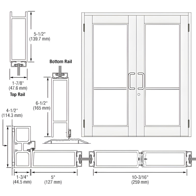 DC92552 White Kynar Durafront WS double commercial entrance door, pair with glass panels, 5" stiles, 6-1/2" bottom rail