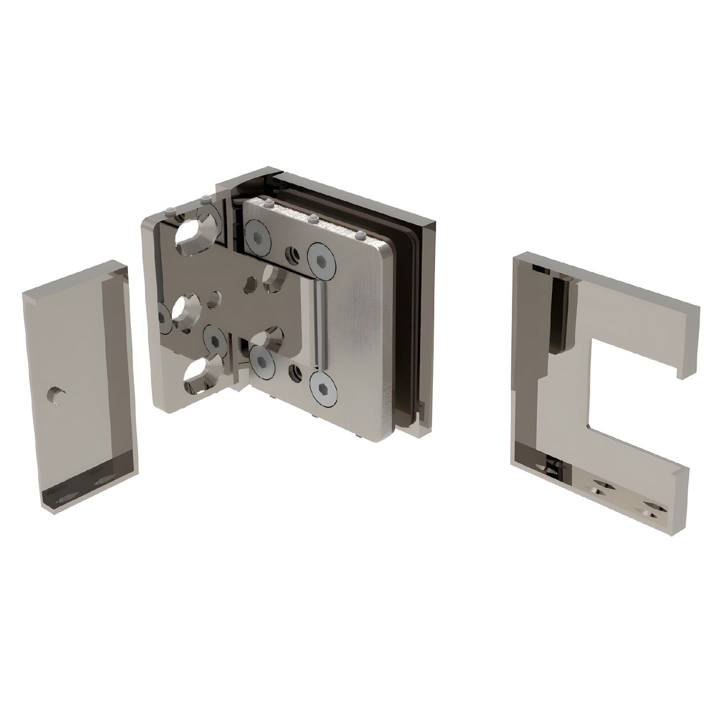 BEL344BN Bellagio brushed-nickel square glass shower hinge, concealed mount for 8-10mm frameless doors.
