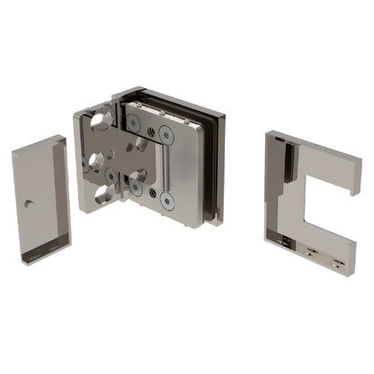 BEL344BN Bellagio brushed-nickel square glass shower hinge, concealed mount for 8-10mm frameless doors.