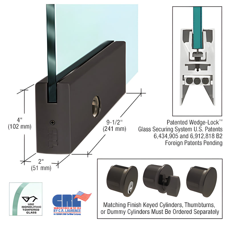 Black-bronze aluminum Wedge-Lock 9.5" patch rail for 1/2" glass with lock, 4" high (SKU DR4SDU12PL)