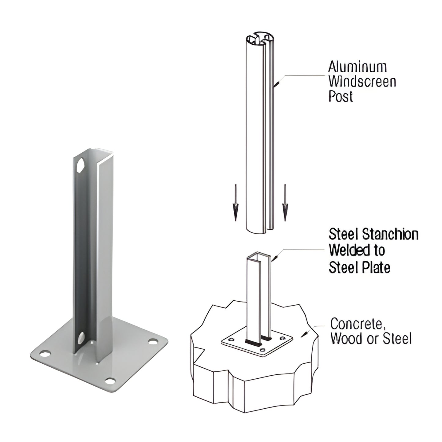 CRL PSB1AS silver zinc plated welded steel stanchion with 5" square base plate, four 1/2" mounting holes, vertical post mount