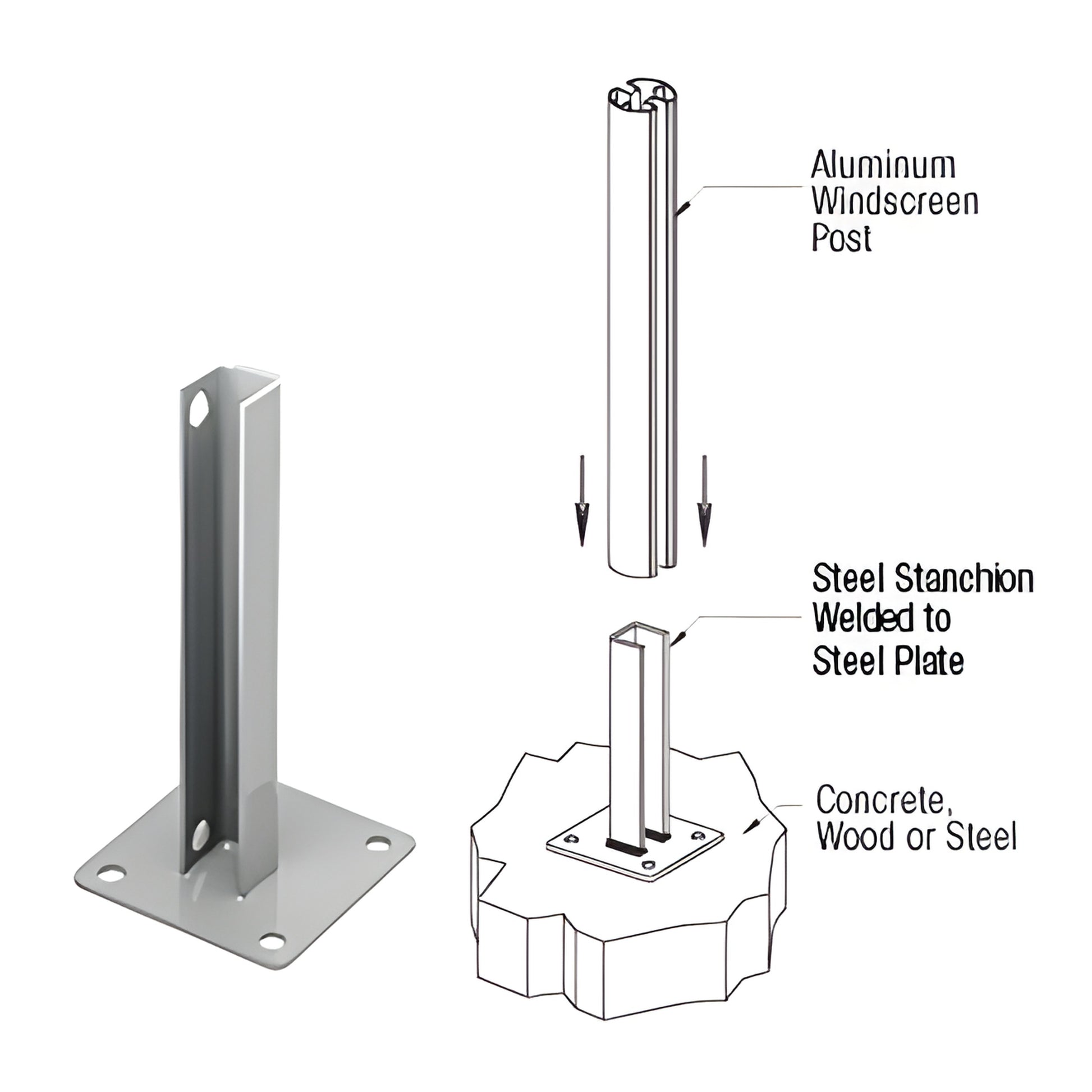 CRL PSB1AS silver zinc plated welded steel stanchion with 5" square base plate, four 1/2" mounting holes, vertical post mount