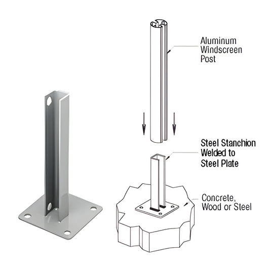 CRL PSB1AS silver zinc plated welded steel stanchion with 5" square base plate, four 1/2" mounting holes, vertical post mount