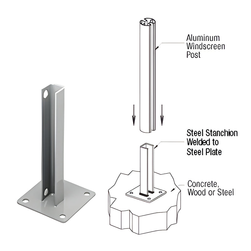 CRL PSB1AS silver zinc plated welded steel stanchion with 5" square base plate, four 1/2" mounting holes, vertical post mount