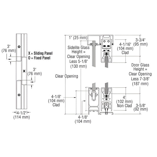 CRL SSR bottom-rolling sliding door system SKU 4SSR3ESA - 3-panel OXO, 4 in satin anodized rails, CAD dimension drawing