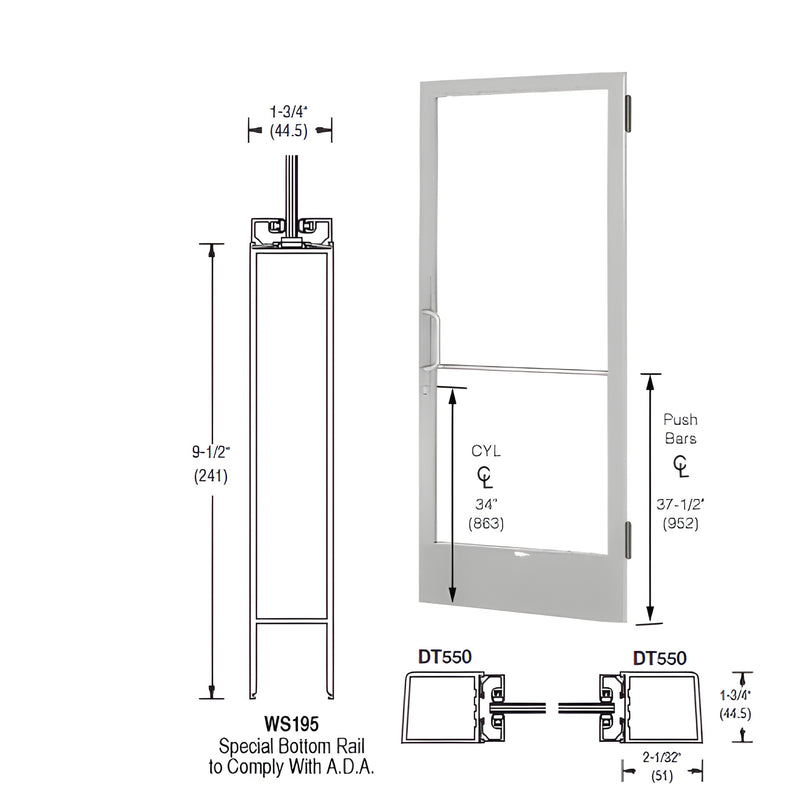 CRL butt-hung entrance door, clear anodized, fits 1" glass, ADA 9-1/2" bottom rail - SKU 1DE21511L036