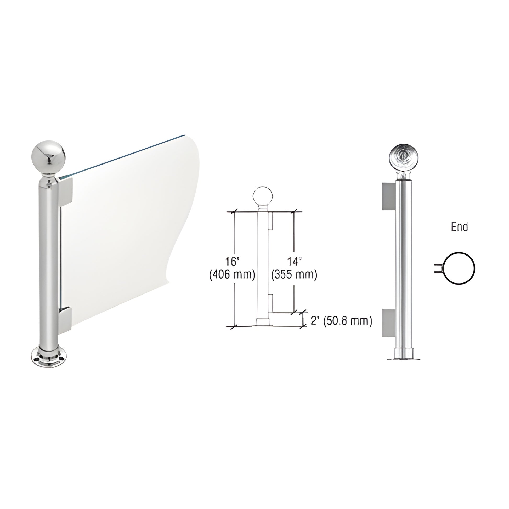 Polished stainless steel 16 in round partition post (SKU PP04EPS) with ball cap, full flange base and glass clips.