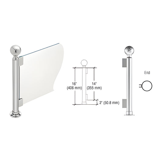 Polished stainless steel 16 in round partition post (SKU PP04EPS) with ball cap, full flange base and glass clips.