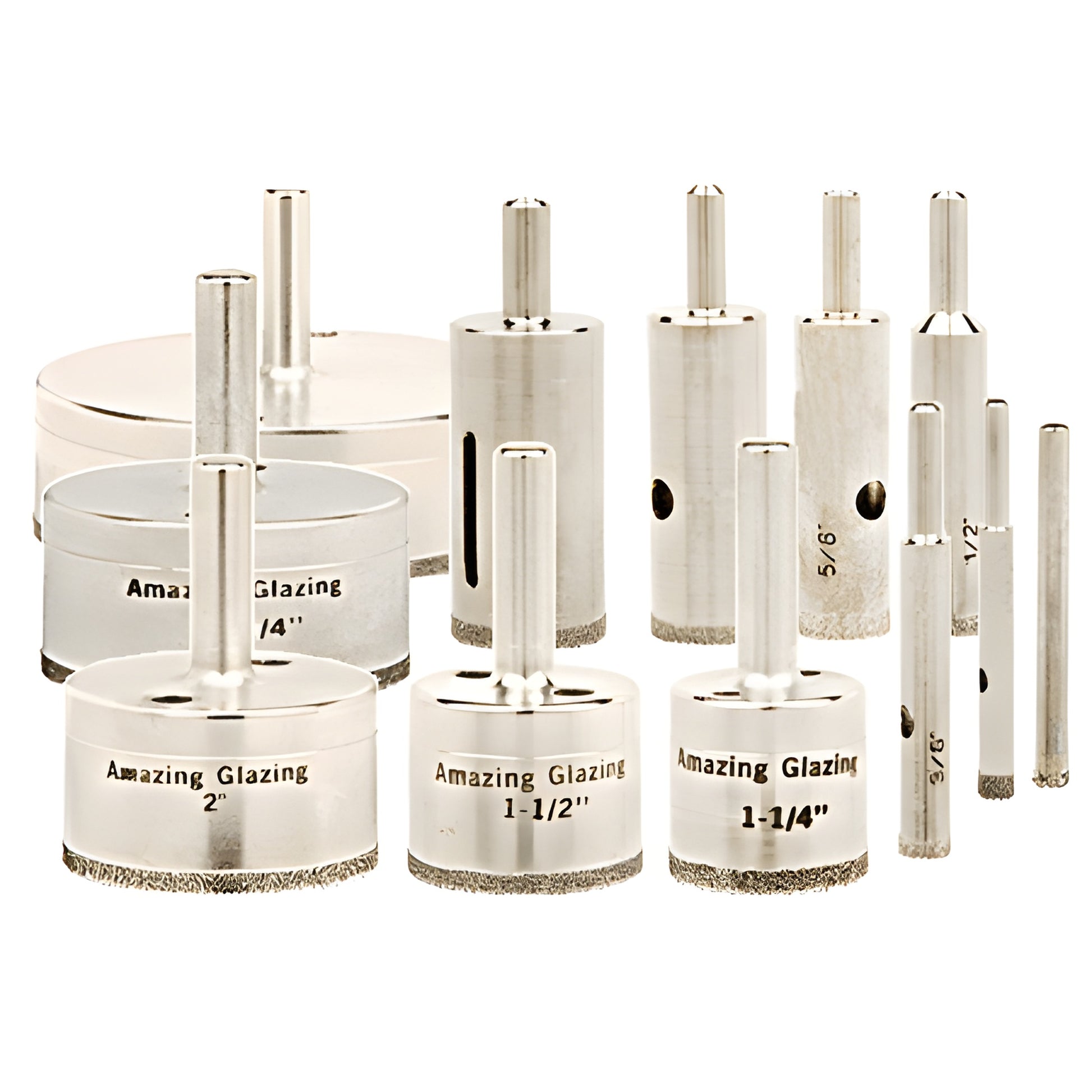 AGSET3 Amazing Glazing plated diamond drill bit set for glass, assorted sizes with reduced-round shanks