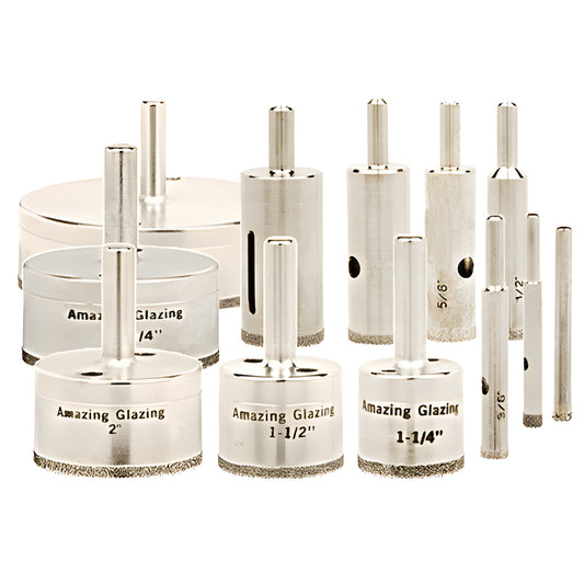 AGSET3 Amazing Glazing plated diamond drill bit set for glass, assorted sizes with reduced-round shanks