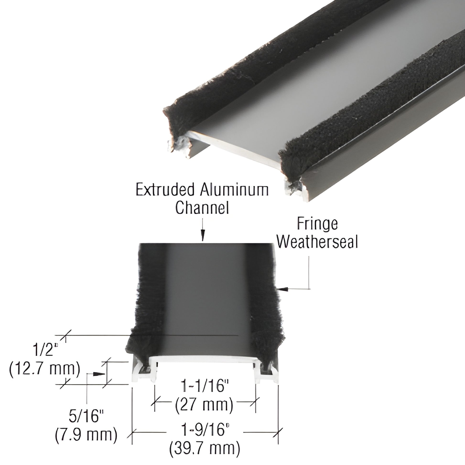 CRL adjustable extruded aluminum astragal HP35711, clear anodized channel with black fringe weatherseal, retrofit.