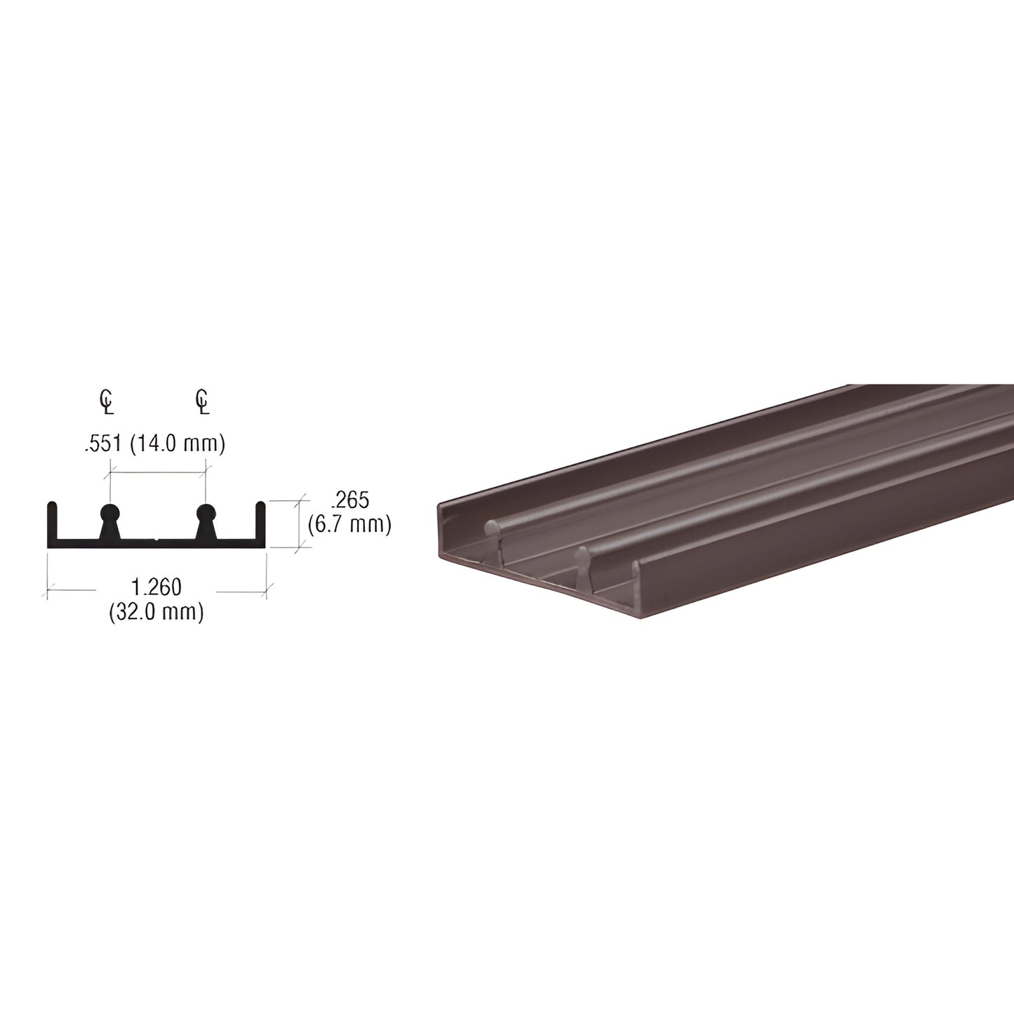 D3103DU dark bronze anodized 1.26" aluminum extrusion lower track, 0.265" high, 12 ft length.