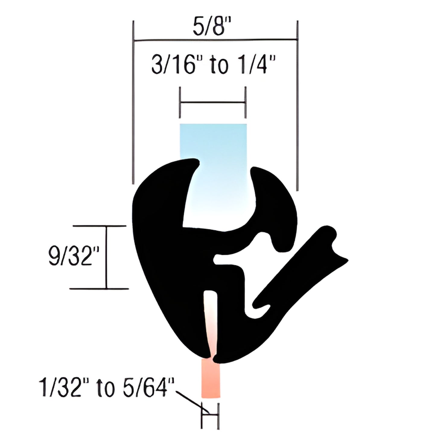 AS990 black EPDM one-piece self-sealing weatherstrip cross-section, 5/8" wide, fits 3/16-1/4" glass, 1/32-5/64" panel slot
