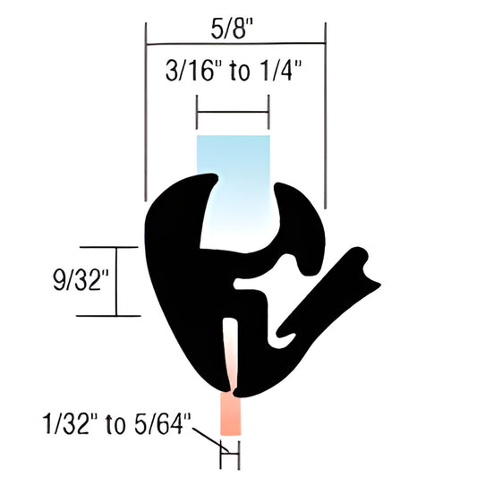 AS990 black EPDM one-piece self-sealing weatherstrip cross-section, 5/8" wide, fits 3/16-1/4" glass, 1/32-5/64" panel slot