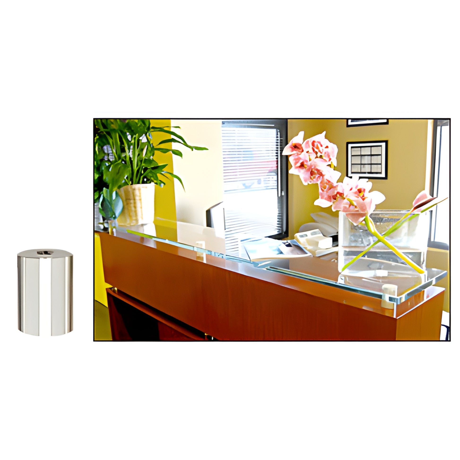 Polished 3/4" stainless steel standoff (SKU S0B341PS) next to glass countertop display mounting