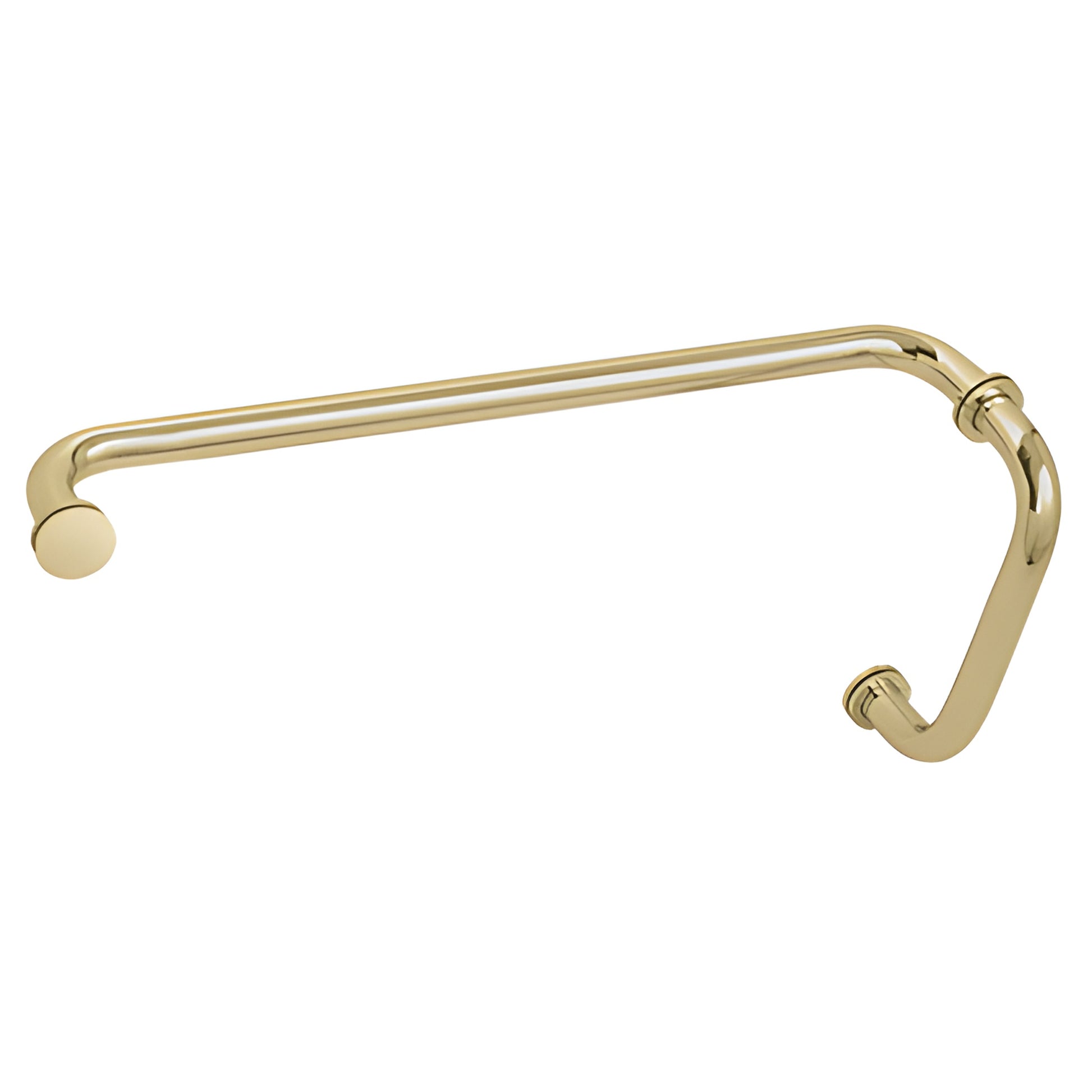 BM8X18SB satin brass tubular handle, 8" pull with 18" towel bar for tempered glass shower, decorative washers