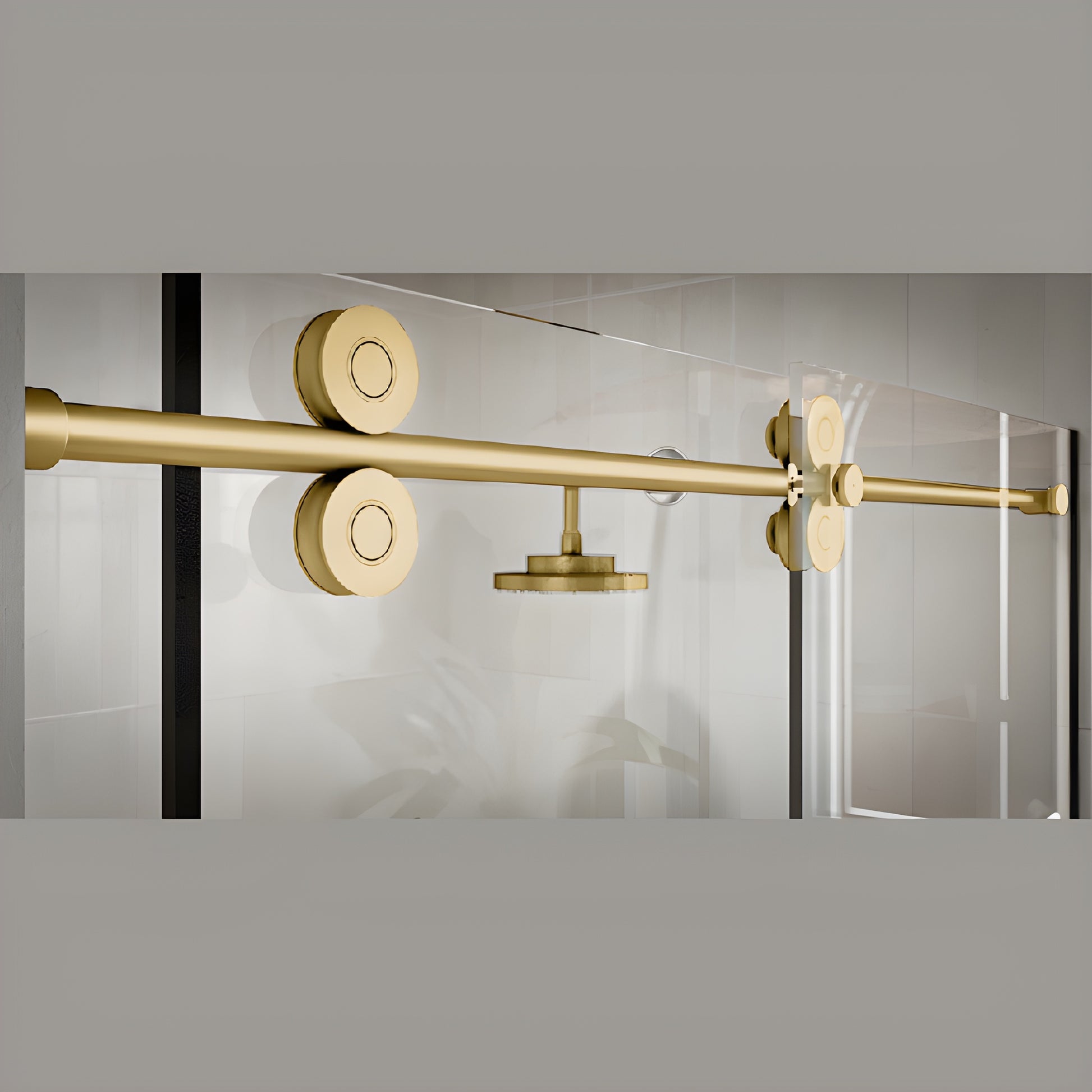 CRE78SB Crescent frameless sliding shower hardware in satin brass - top round rollers and header on clear glass.