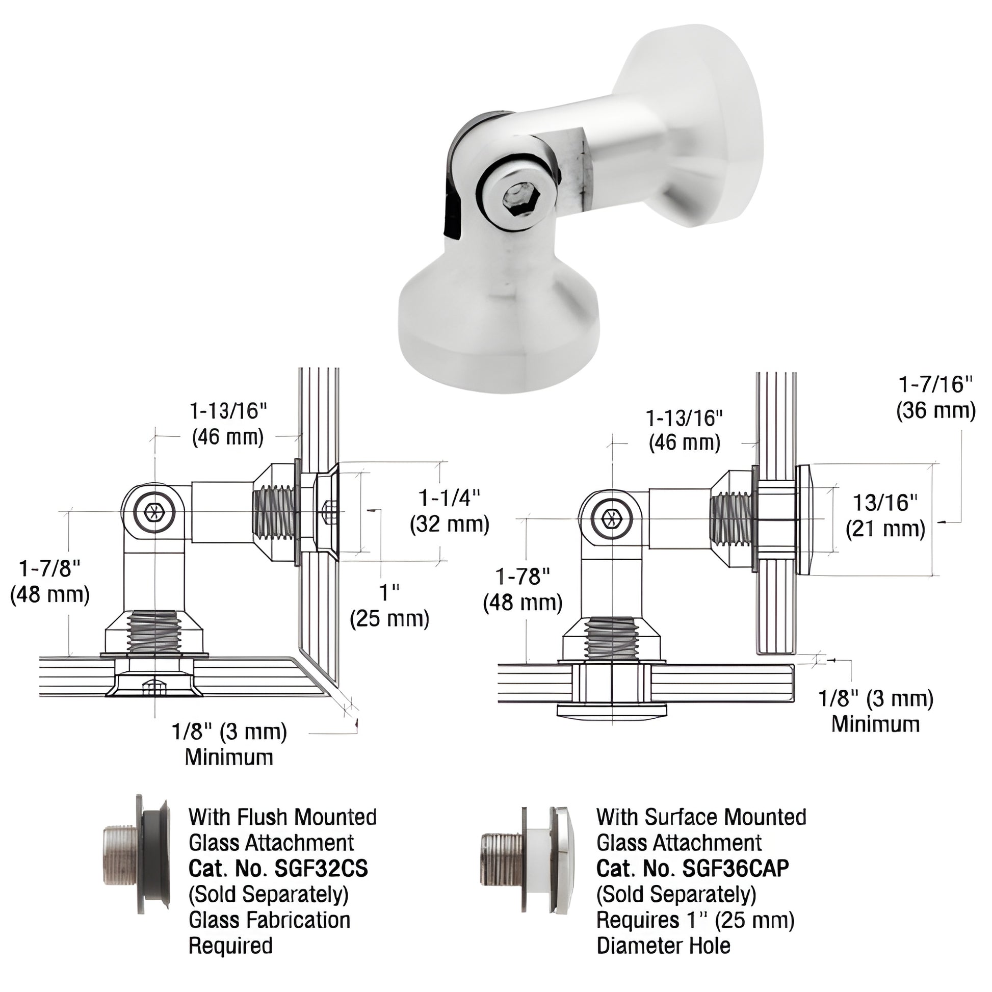 SGF42BGG brushed stainless 316 glass-to-glass swivel pivot for 3/8-1/2" tempered glass.