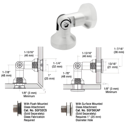 SGF42BGG brushed stainless 316 glass-to-glass swivel pivot for 3/8-1/2" tempered glass.