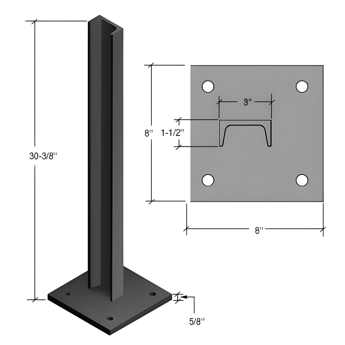 Matte black Cielo windscreens post (CS2BL): 30" tall zinc-plated steel post with 8"x8" base plate, 5/8" thick.