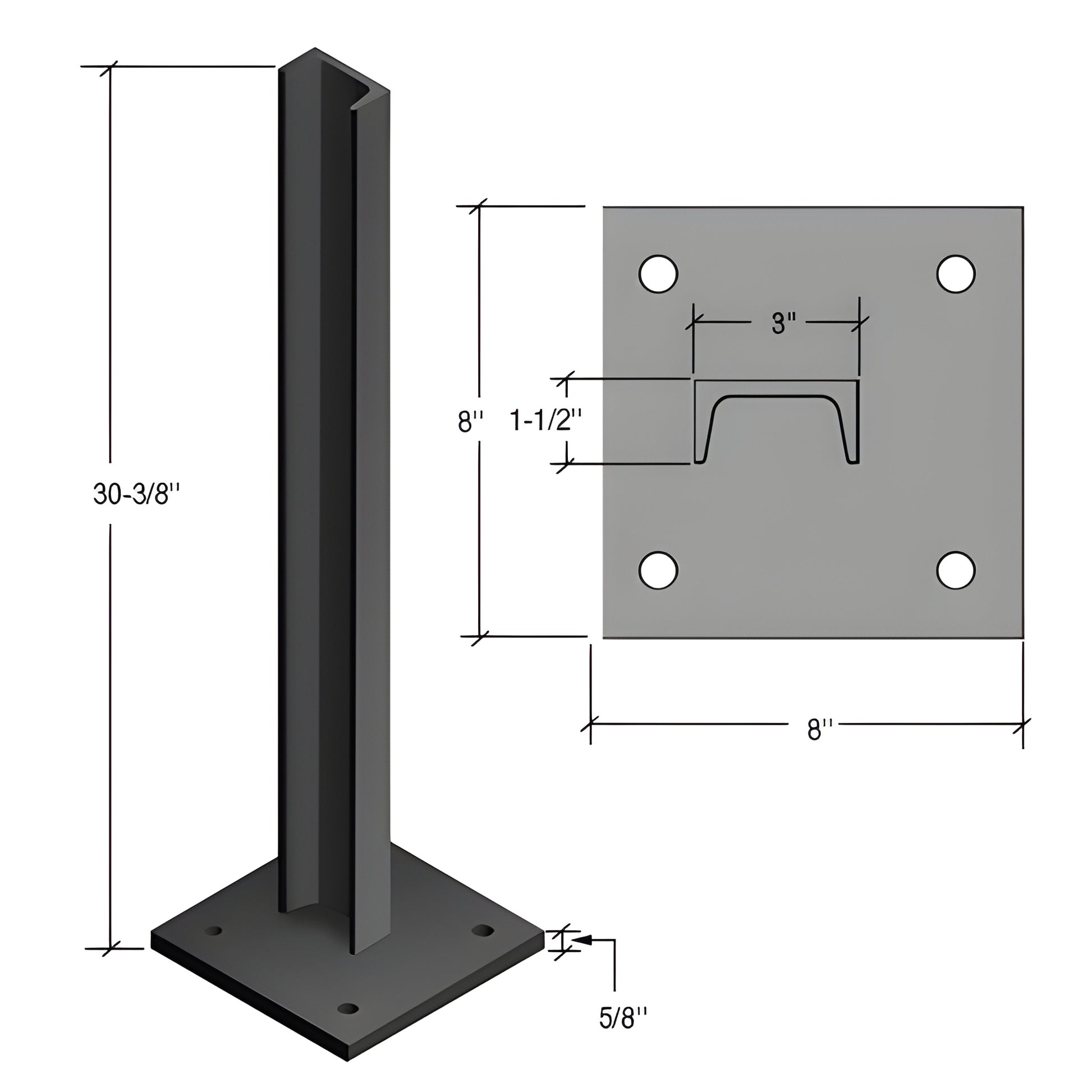 Matte black Cielo windscreens post (CS2BL): 30" tall zinc-plated steel post with 8"x8" base plate, 5/8" thick.