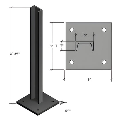 Matte black Cielo windscreens post (CS2BL): 30" tall zinc-plated steel post with 8"x8" base plate, 5/8" thick.