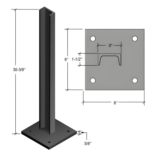 Matte black Cielo windscreens post (CS2BL): 30" tall zinc-plated steel post with 8"x8" base plate, 5/8" thick.