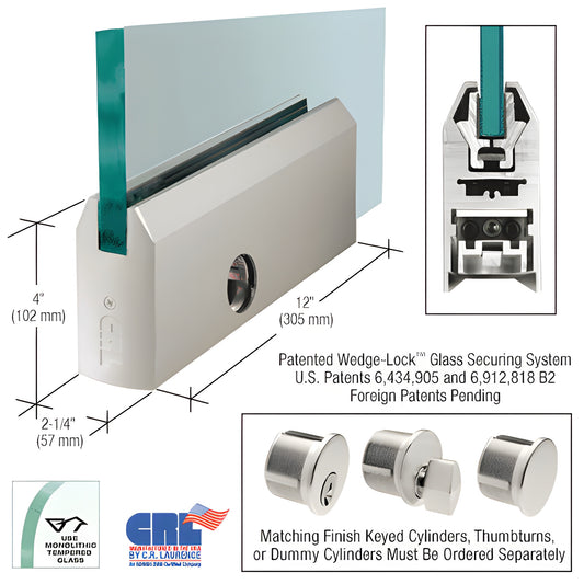CRL Wedge-Lock 12" satin anodized aluminum tapered door rail for 5/8" tempered glass with integrated lock (SKU DR4TSA58PL)