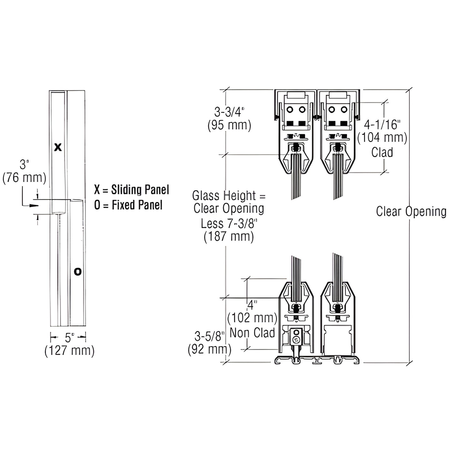 Technical drawing of CRL SDR2CDU bottom-rolling sliding door system, cross-sections and dimensions.