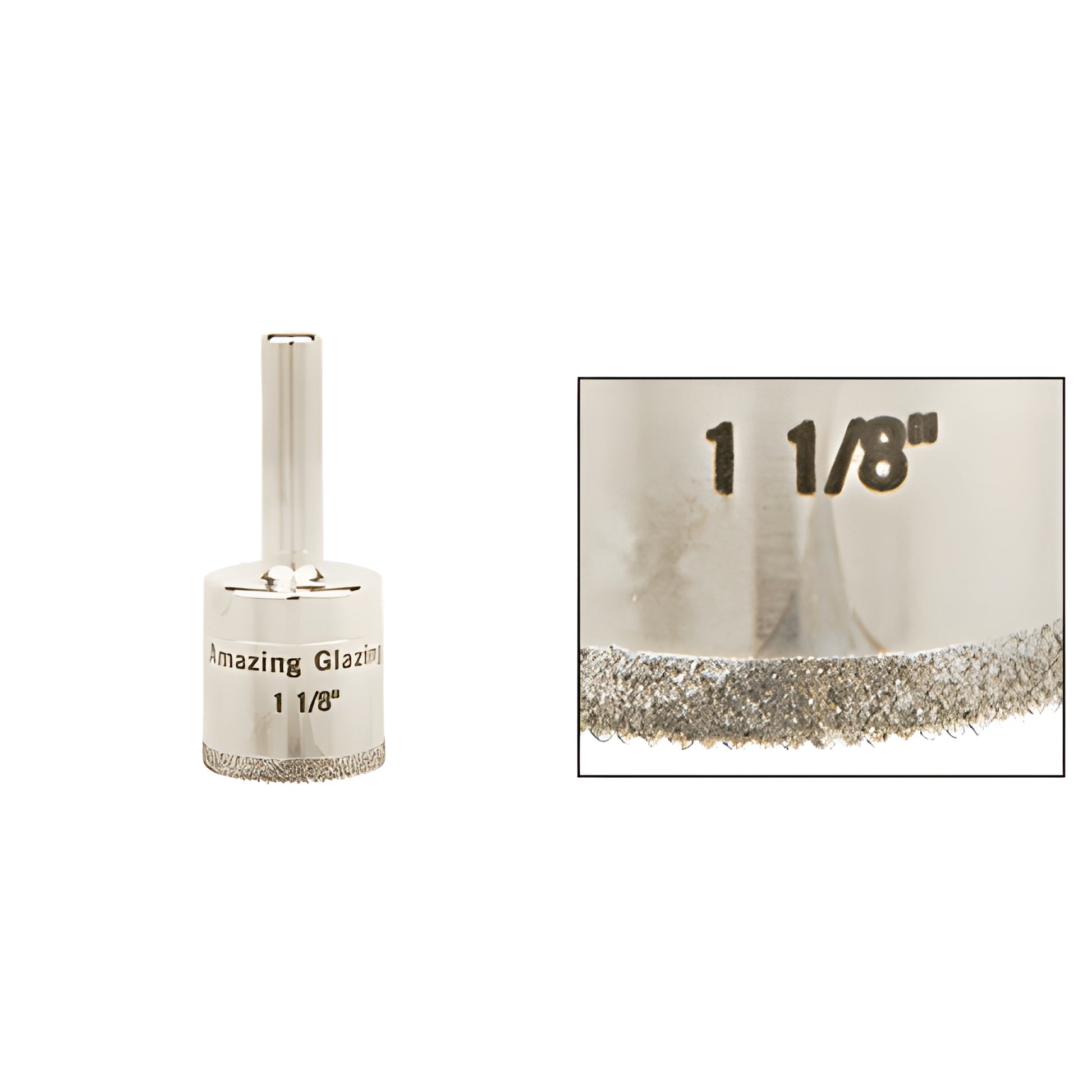 1-1/8" CRL Amazing Glazing plated diamond glass drill bit with sawtooth edge, reduced round 3/8" shank (SKU AG118)