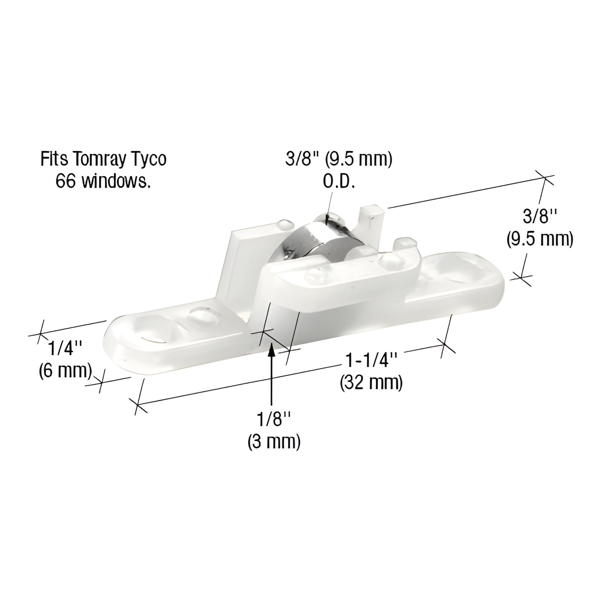 G3038 white nylon window roller with 3/8" steel flat wheel, 1-1/4" screw spacing - fits Tomray Tyco 66 windows.