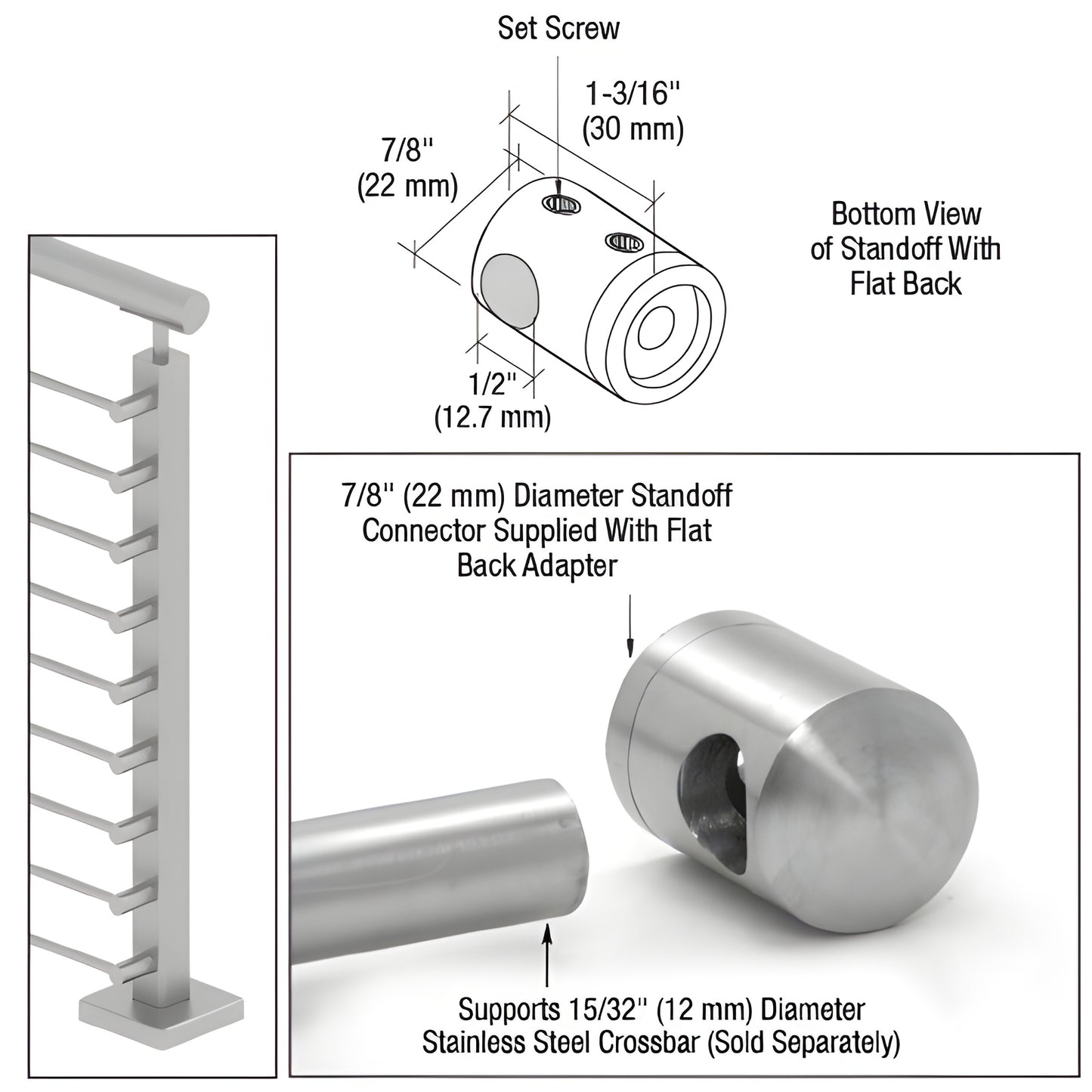 CBR7BS brushed 316 stainless 7/8" flat-back standoff connector for 12mm (15/32") crossbar, square-post mount.