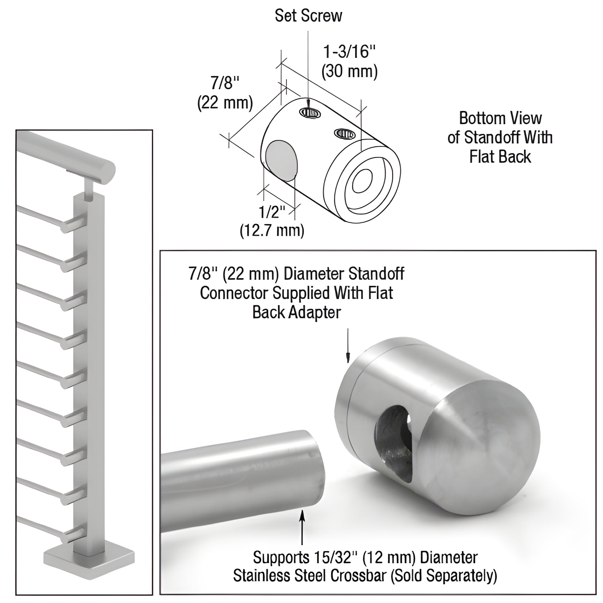 CBR7BS brushed 316 stainless 7/8" flat-back standoff connector for 12mm (15/32") crossbar, square-post mount.