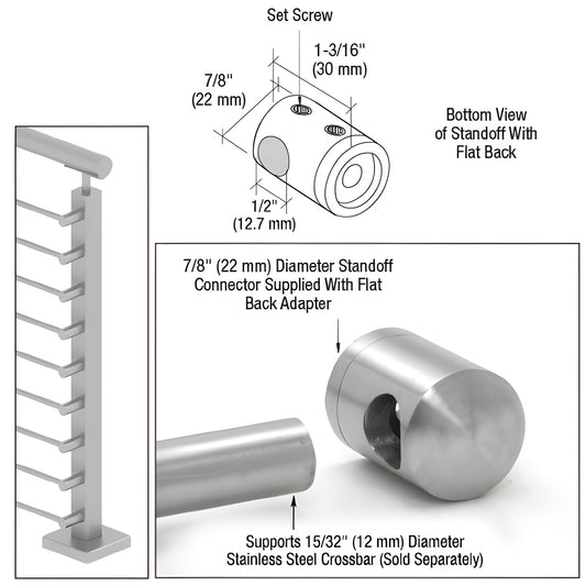 CBR7BS brushed 316 stainless 7/8" flat-back standoff connector for 12mm (15/32") crossbar, square-post mount.