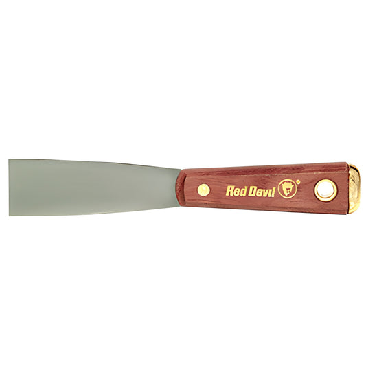 Red Devil flexible 1-1/4" drywall knife, lacquered steel blade, polished wood handle with brass nail-setting end - SKU 4102