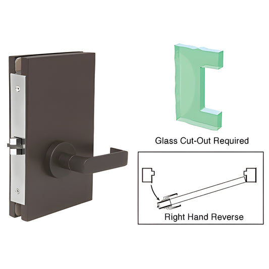 Black bronze 6x10 center lock deadlatch for 1/2" (12mm) tempered glass, right hand reverse - glass cutout required.
