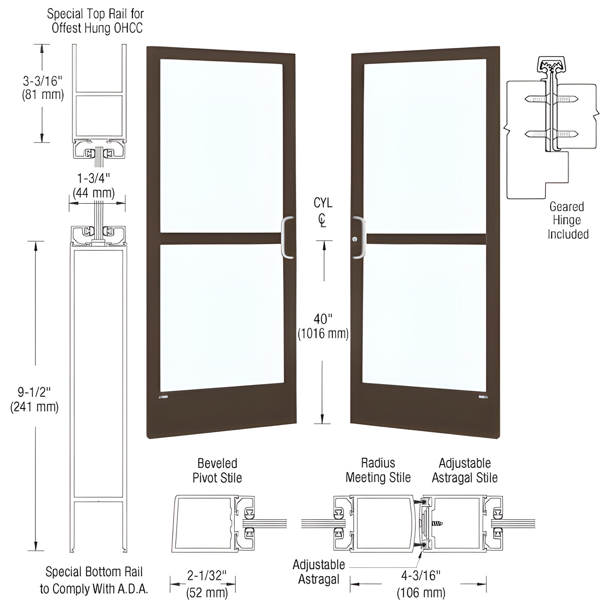 CZ22922 CRL narrow-stile commercial entrance door, black bronze anodized, dual glass panels, ADA 91 2" bottom rail.